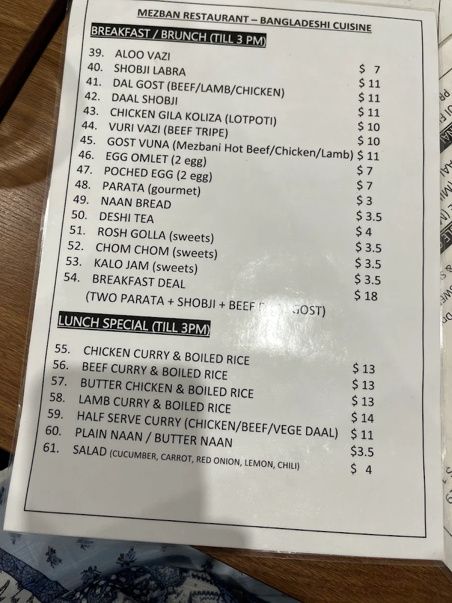 Menu, Mezban Restaurant - Bangladeshi Cuisine