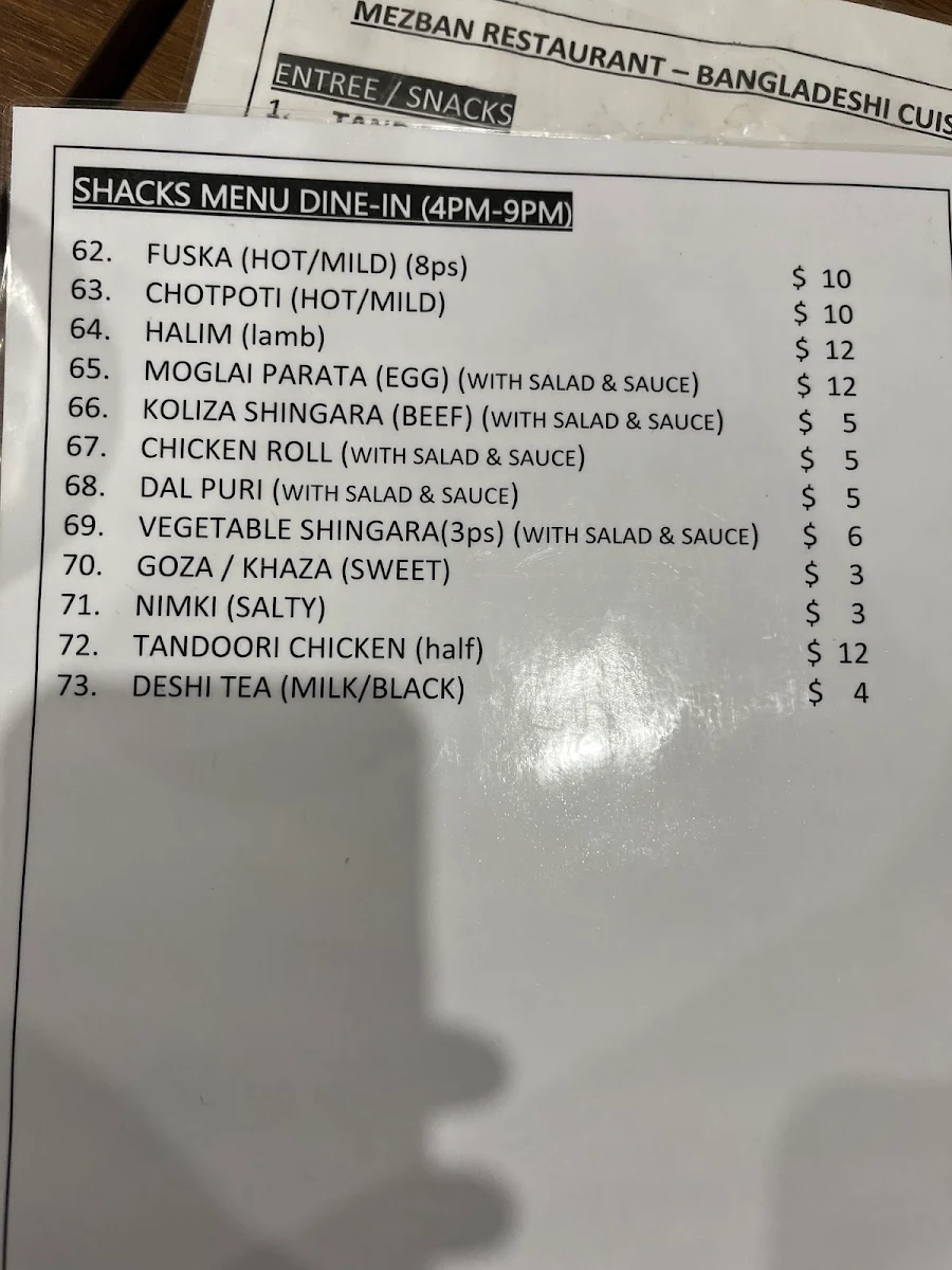 Menu, Mezban Restaurant - Bangladeshi Cuisine