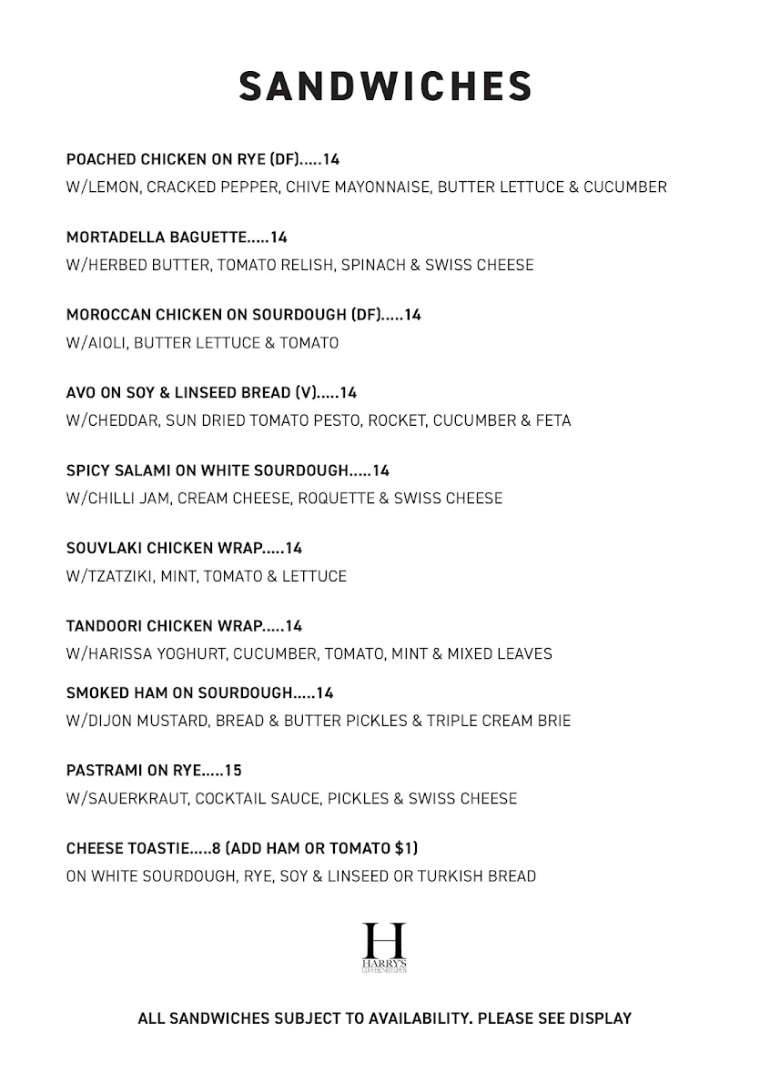 Menu, Harry's Coffee & Kitchen