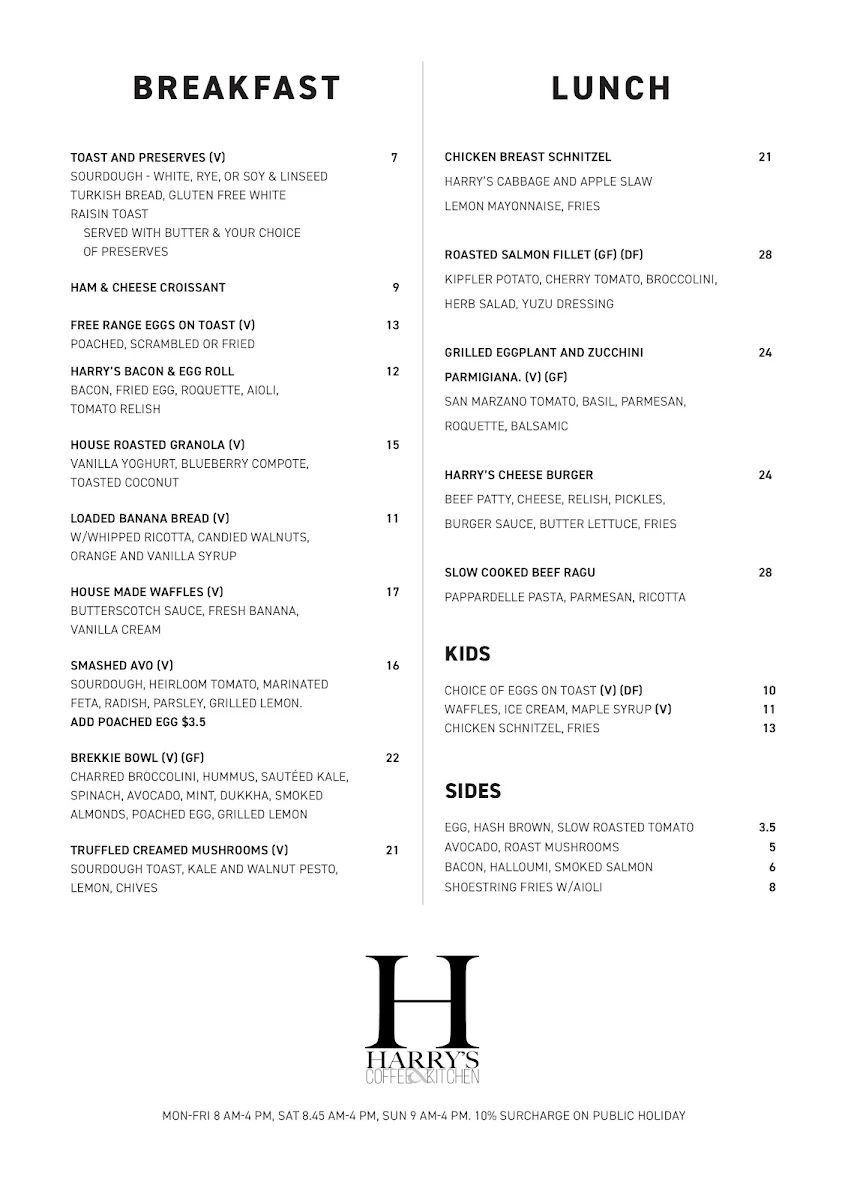 Menu, Harry's Coffee & Kitchen
