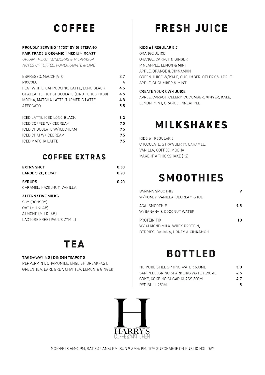 Menu, Harry's Coffee & Kitchen