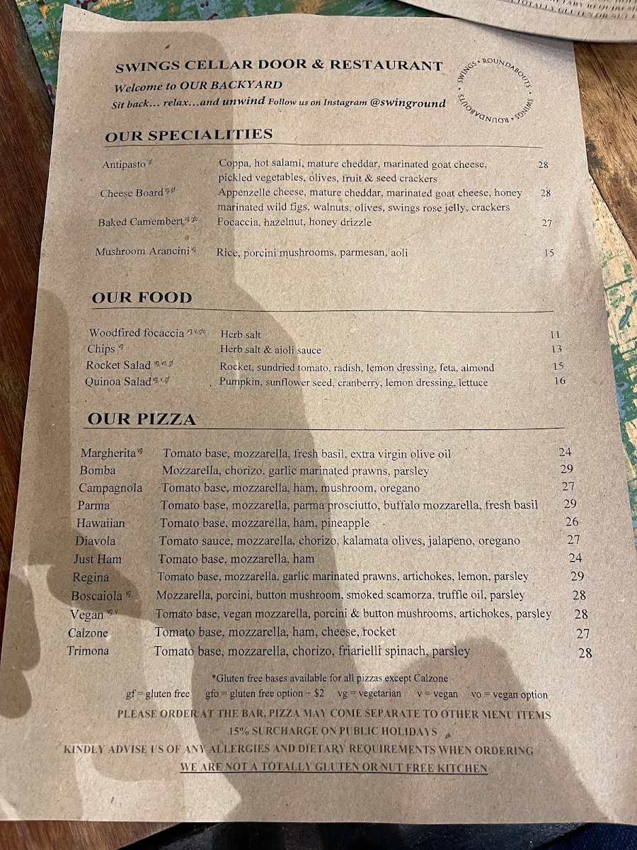 Menu, Swings Cellar Door & restaurant