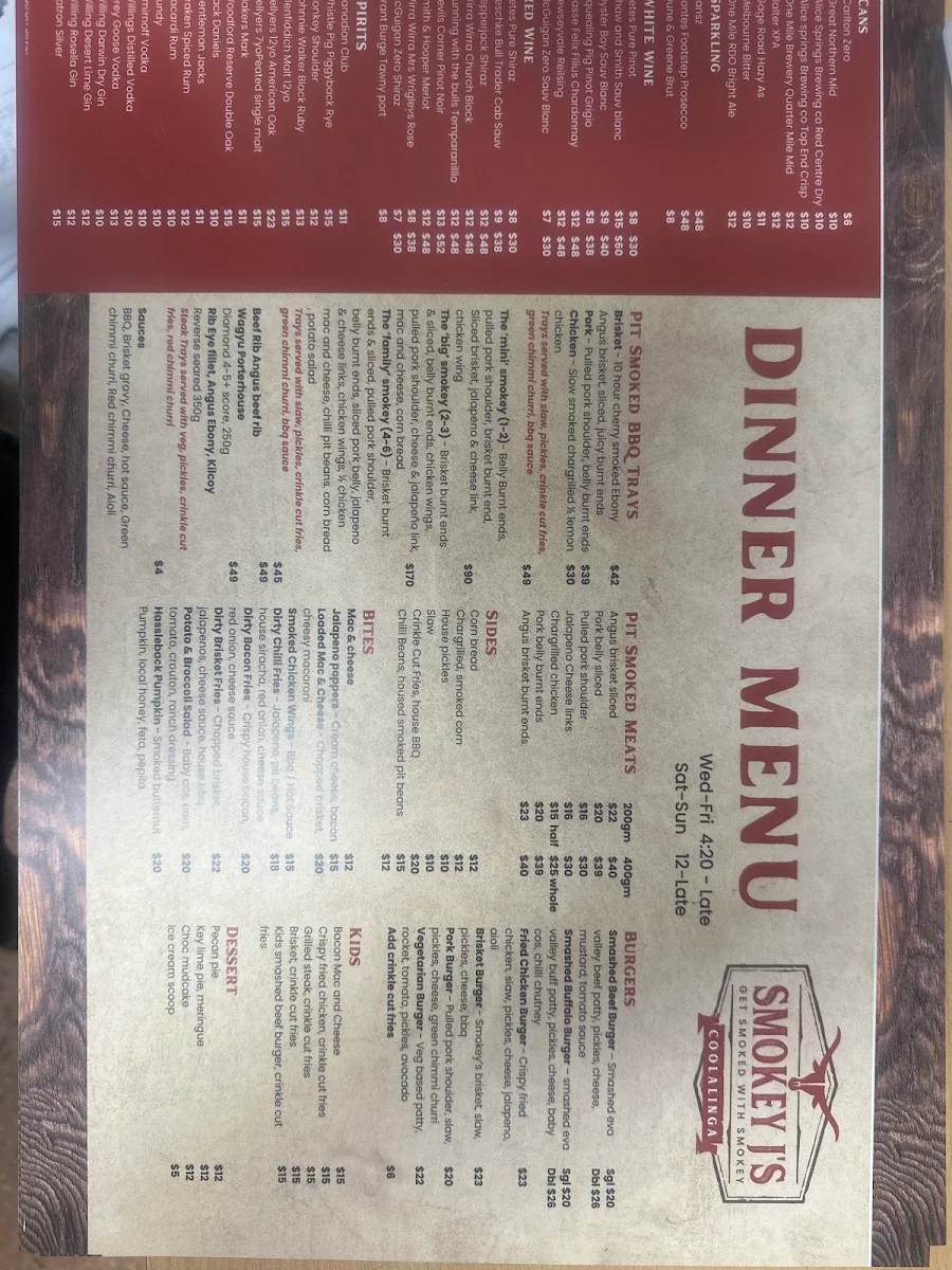 Menu, Smokey J's