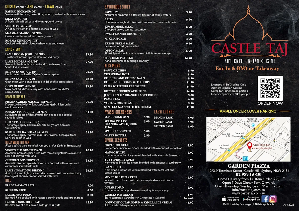 Menu, Castle Taj | Best Indian Restaurant in Sydney