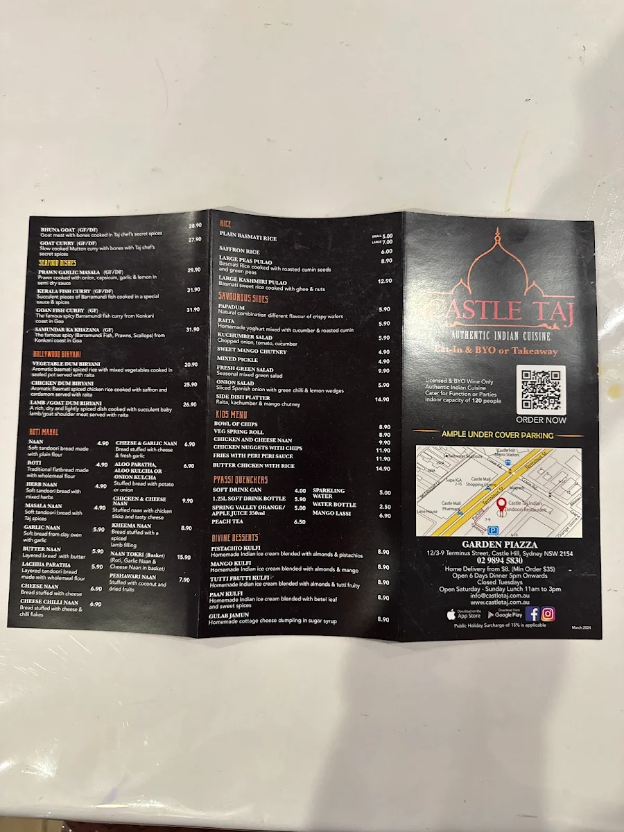 Menu, Castle Taj | Best Indian Restaurant in Sydney