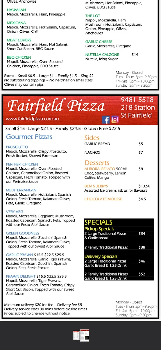 Menu, Fairfield Pizza