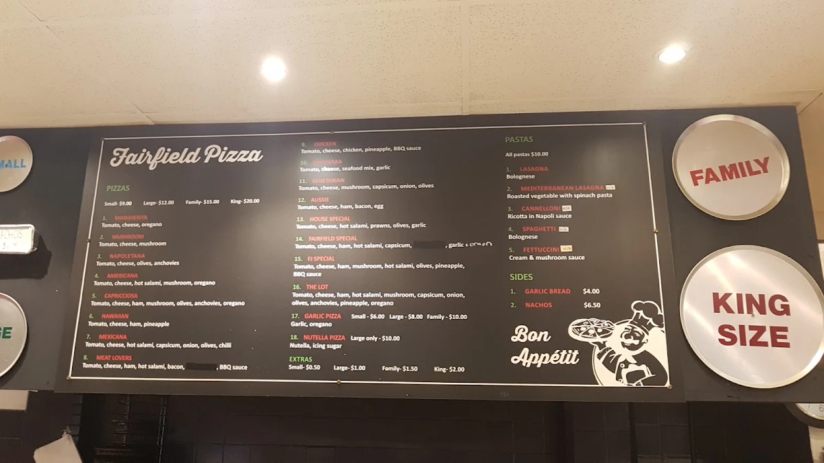 Menu, Fairfield Pizza
