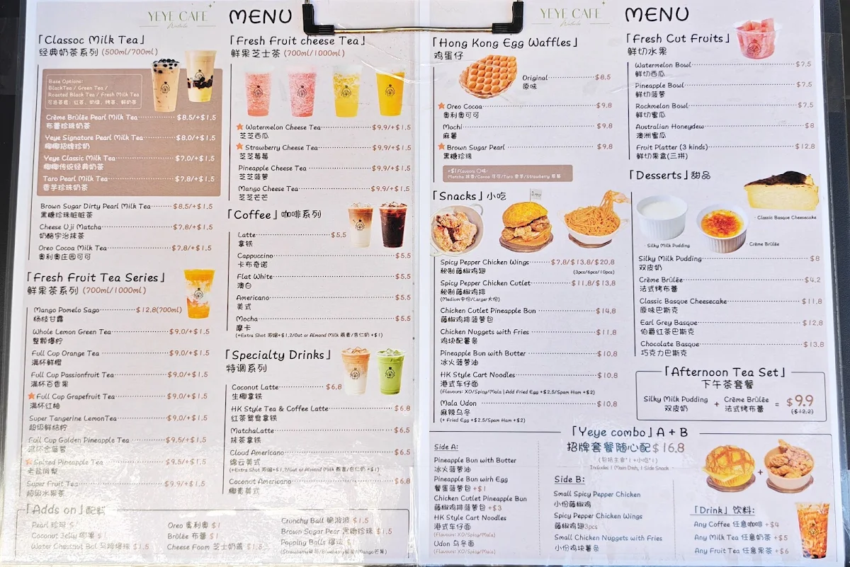 Menu, Yeye Cafe