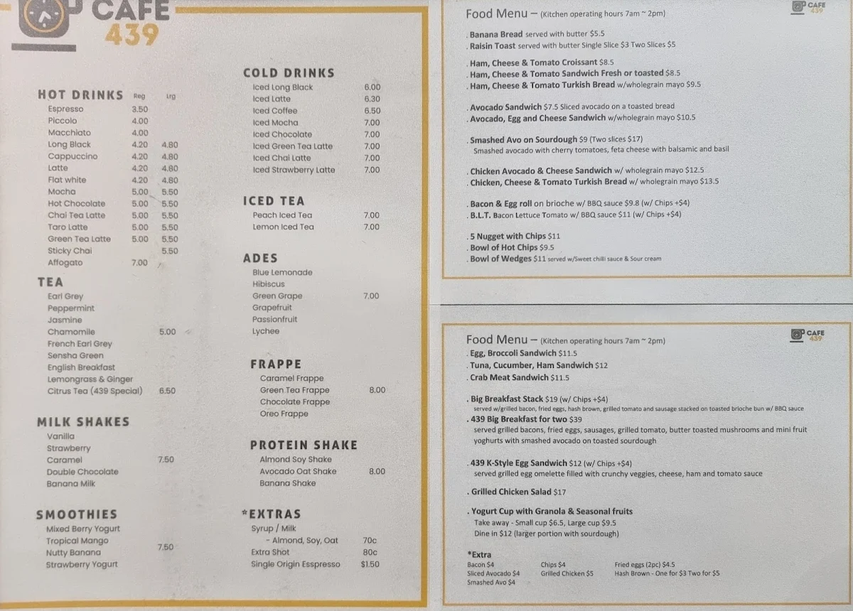 Menu, Cafe 439