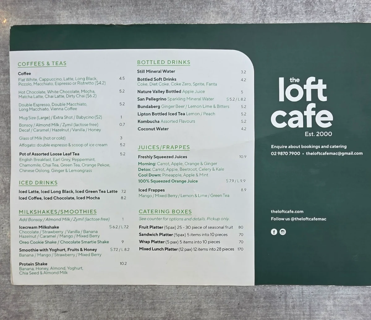 Menu, The Loft Cafe