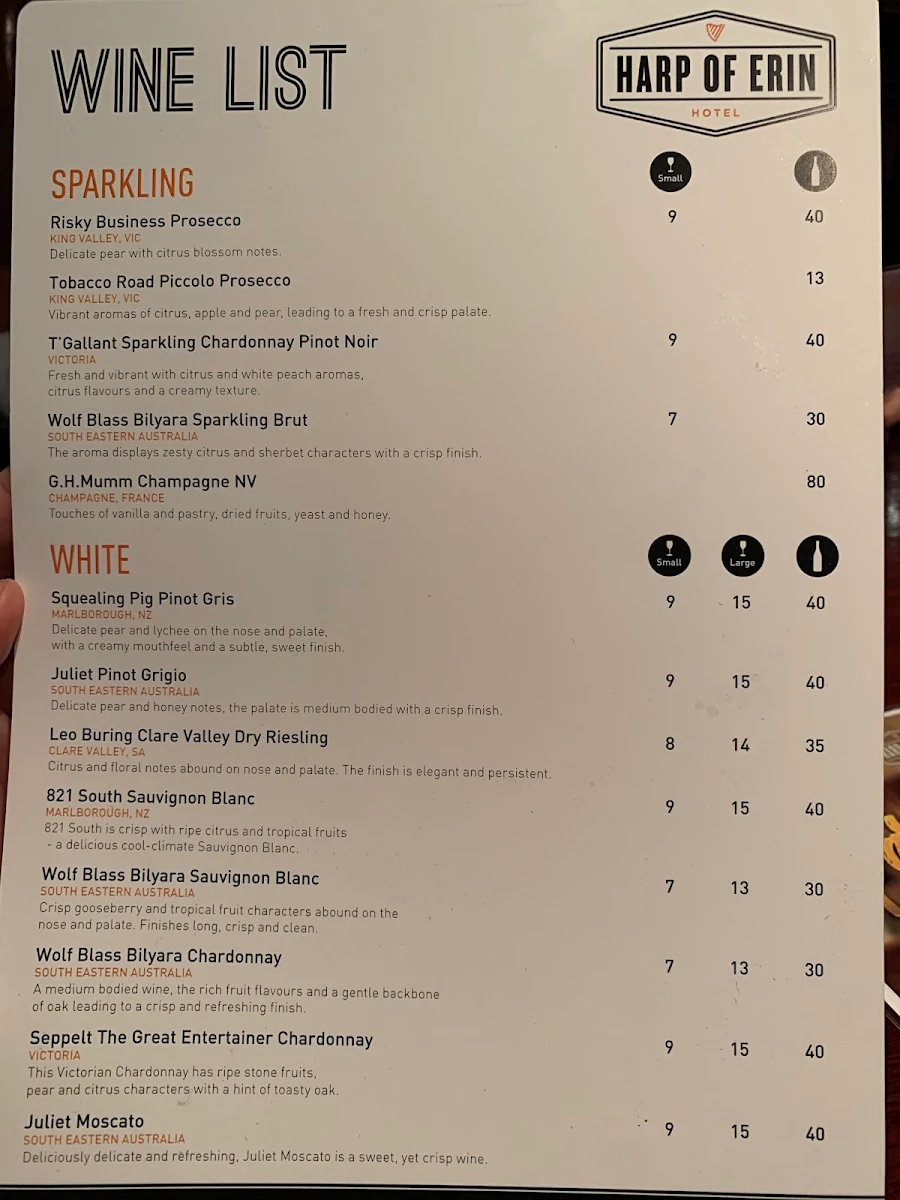 Menu, Harp of Erin Hotel