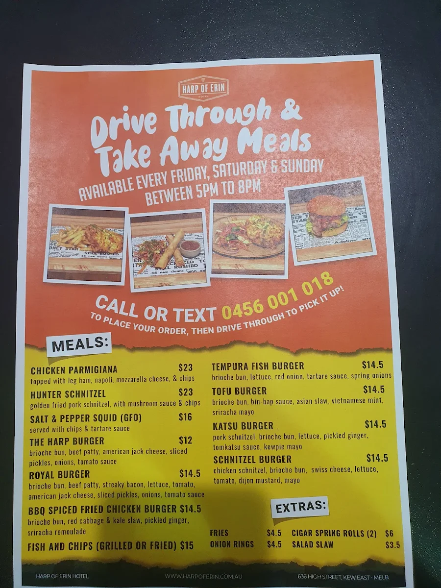 Menu, Harp of Erin Hotel
