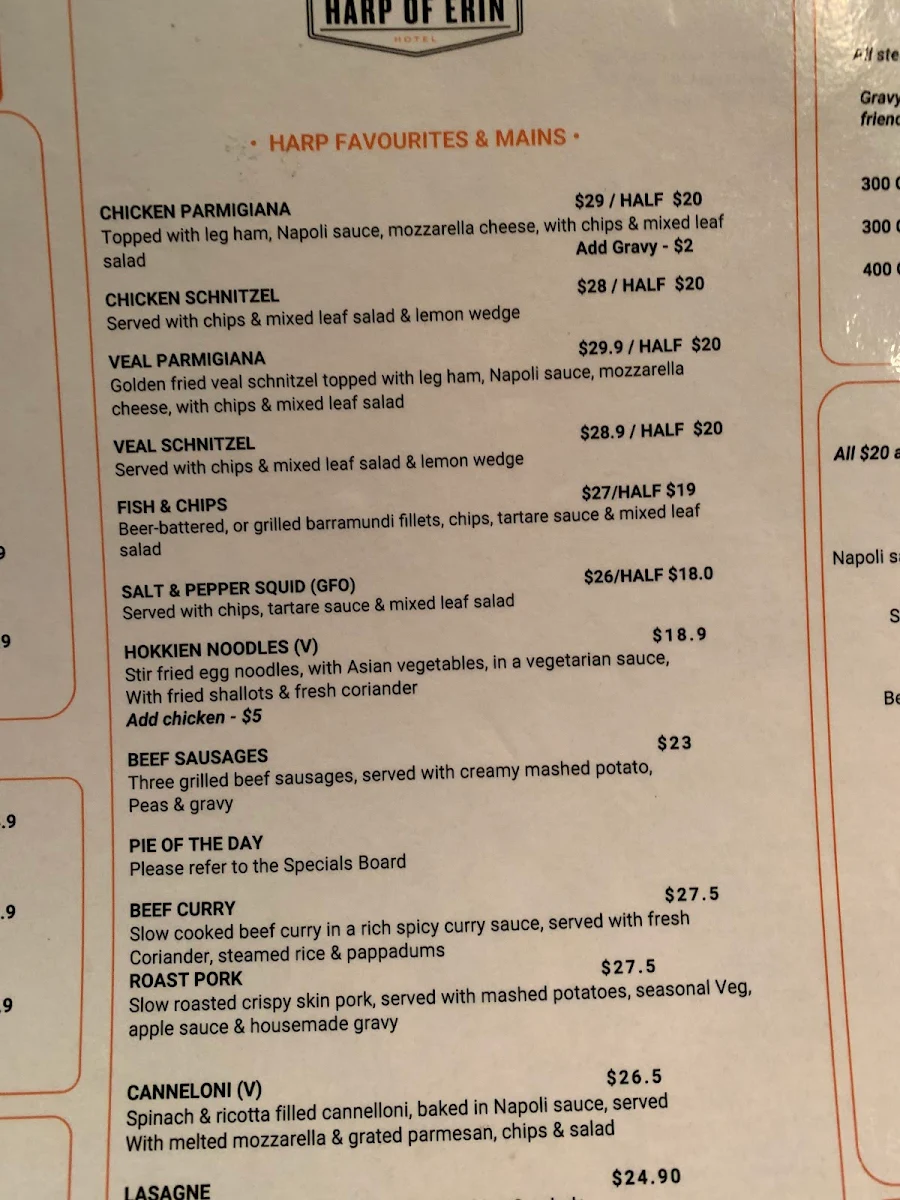 Menu, Harp of Erin Hotel