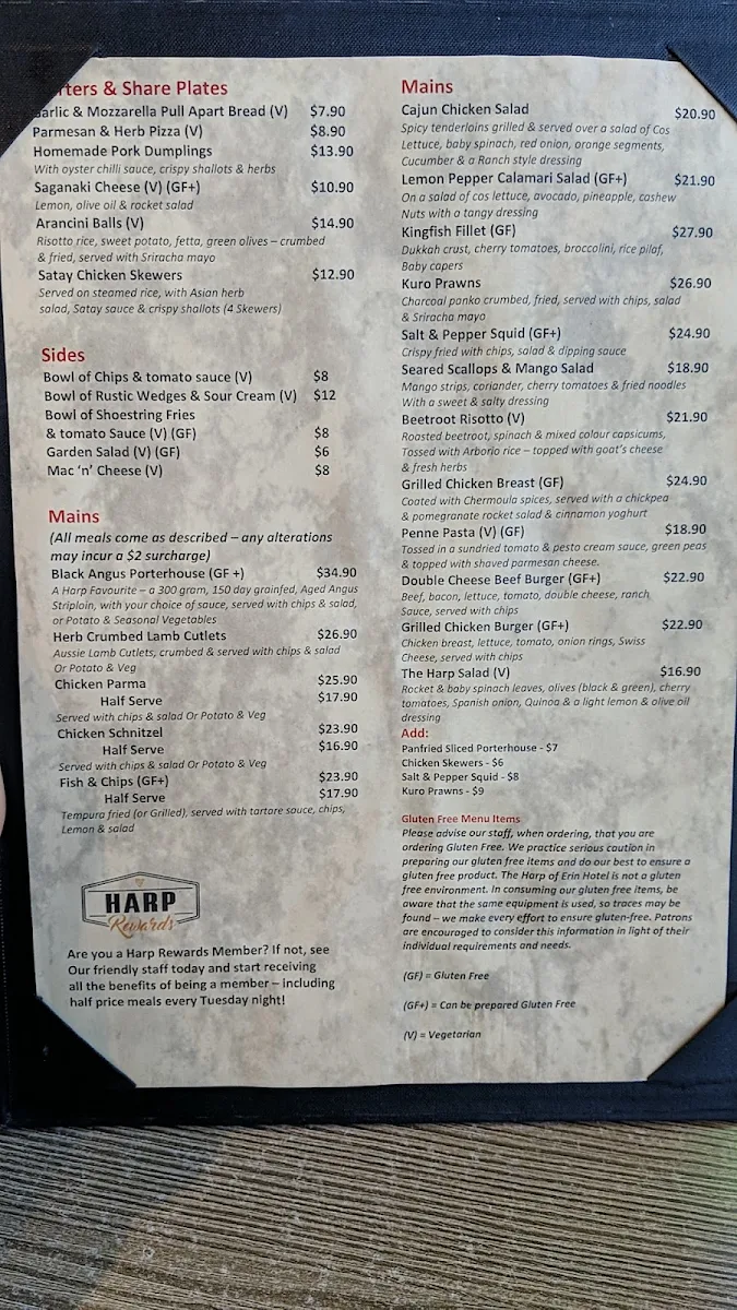 Menu, Harp of Erin Hotel