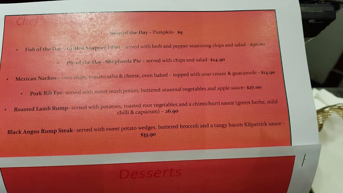 Menu, Harp of Erin Hotel