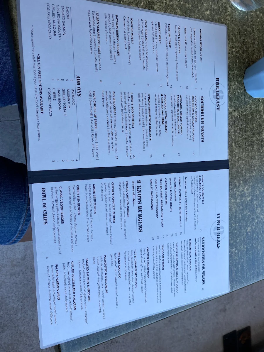Menu, 8 knots Cafe