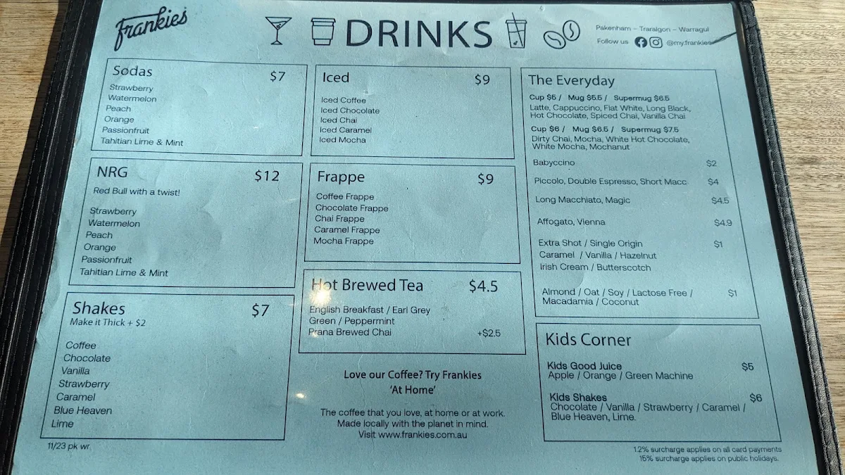Menu, Frankies Warragul