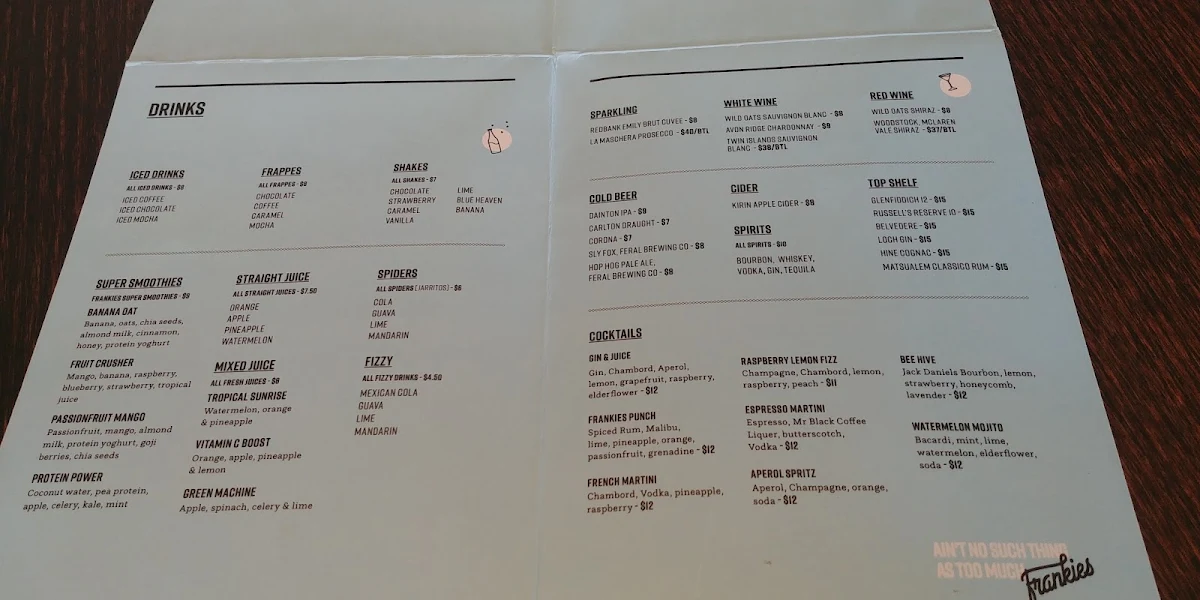 Menu, Frankies Warragul