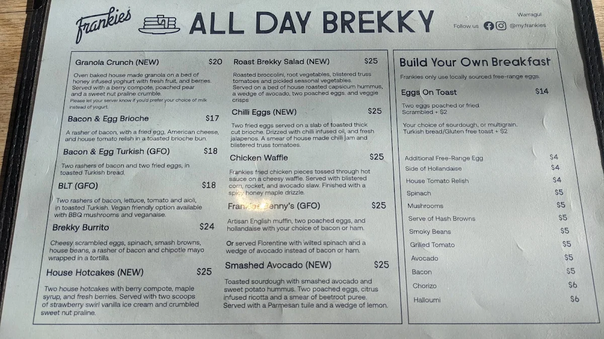 Menu, Frankies Warragul