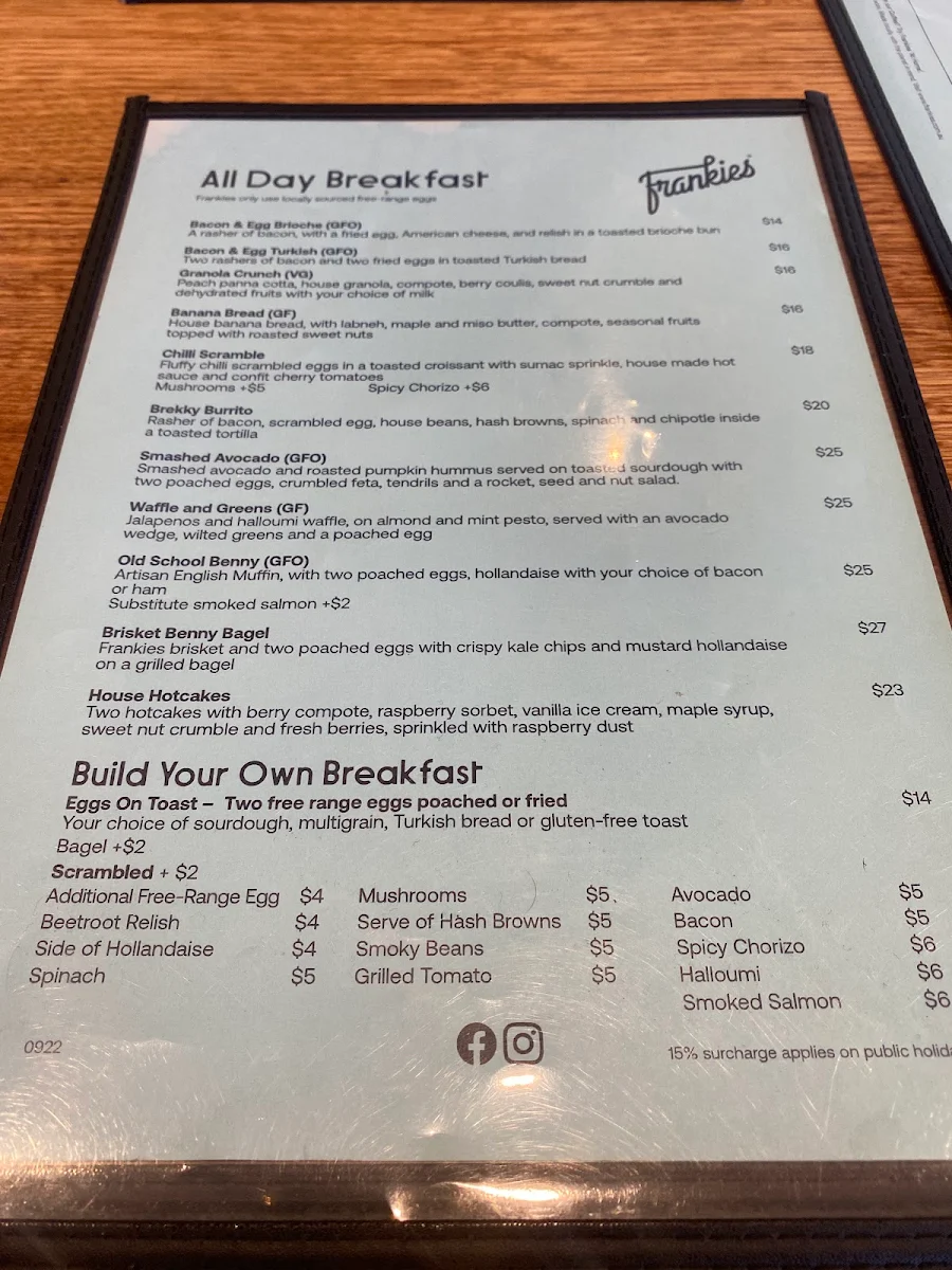 Menu, Frankies Warragul