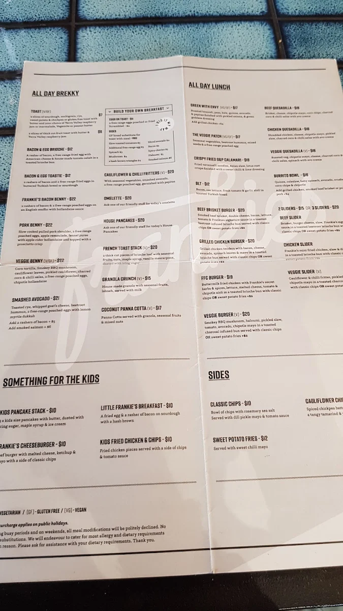 Menu, Frankies Warragul
