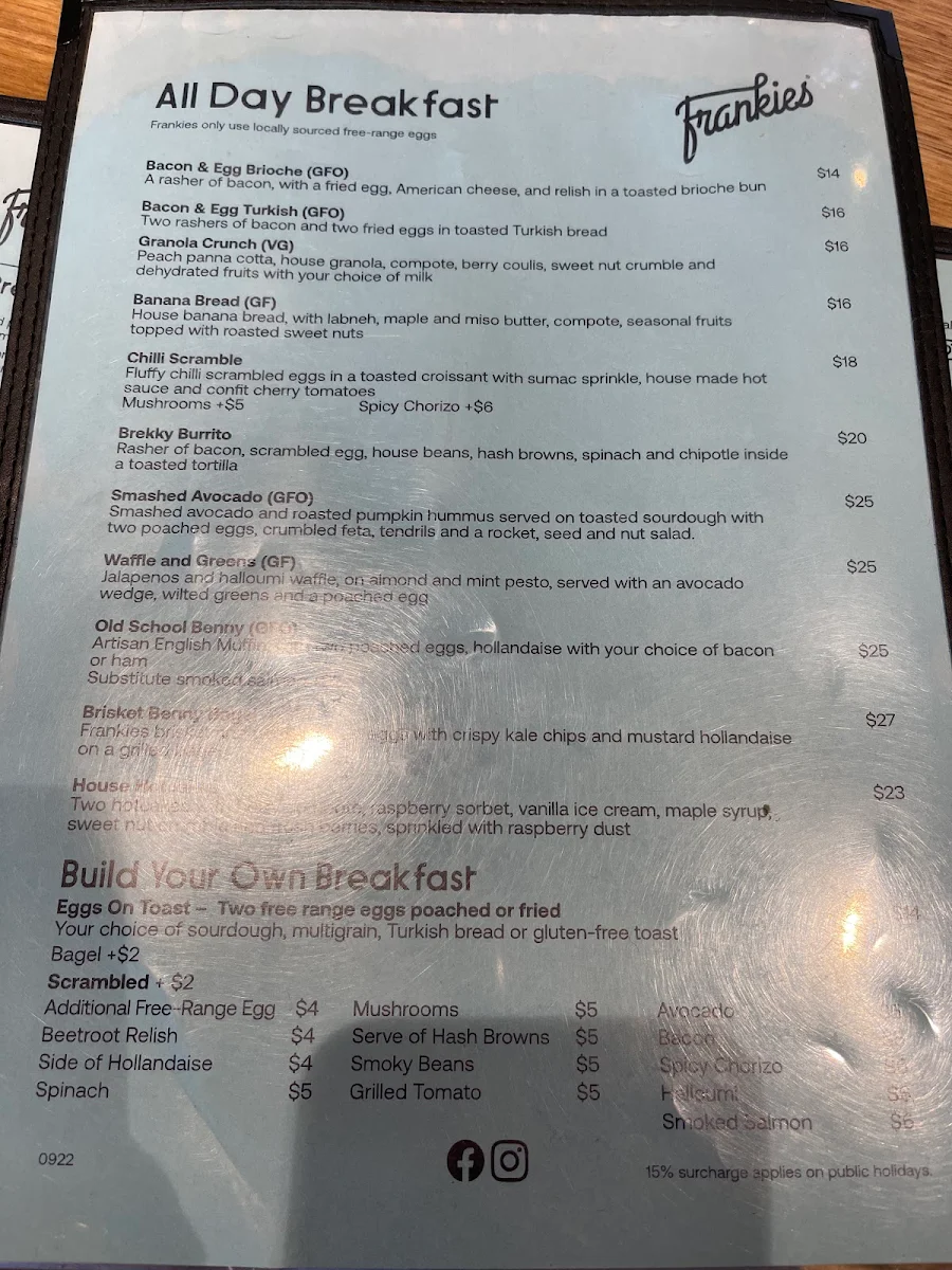 Menu, Frankies Warragul