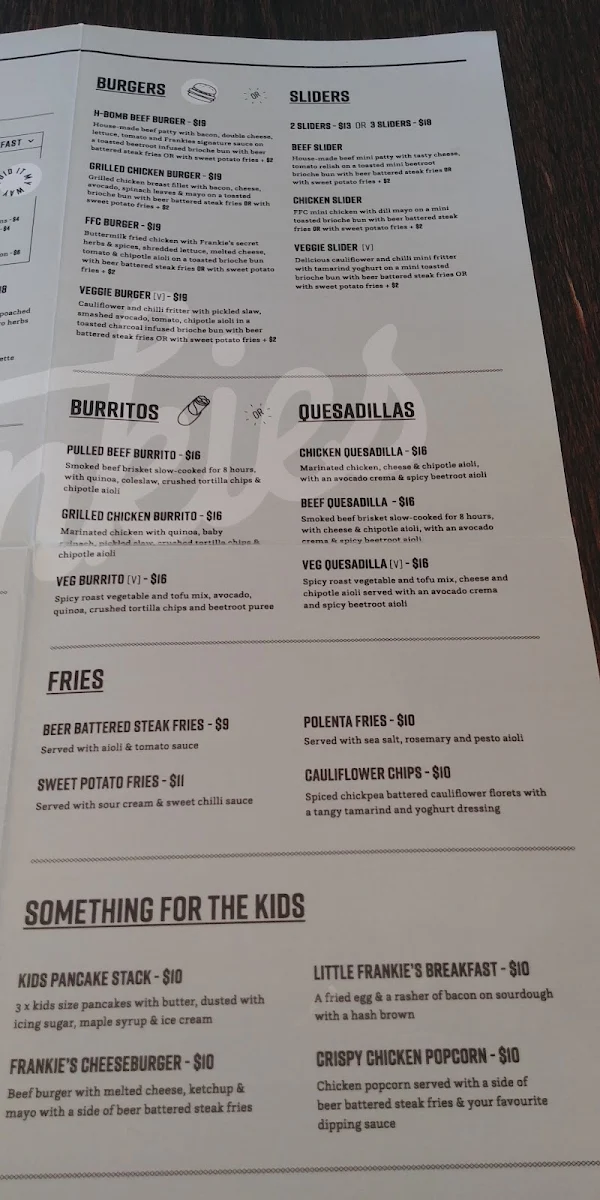 Menu, Frankies Warragul