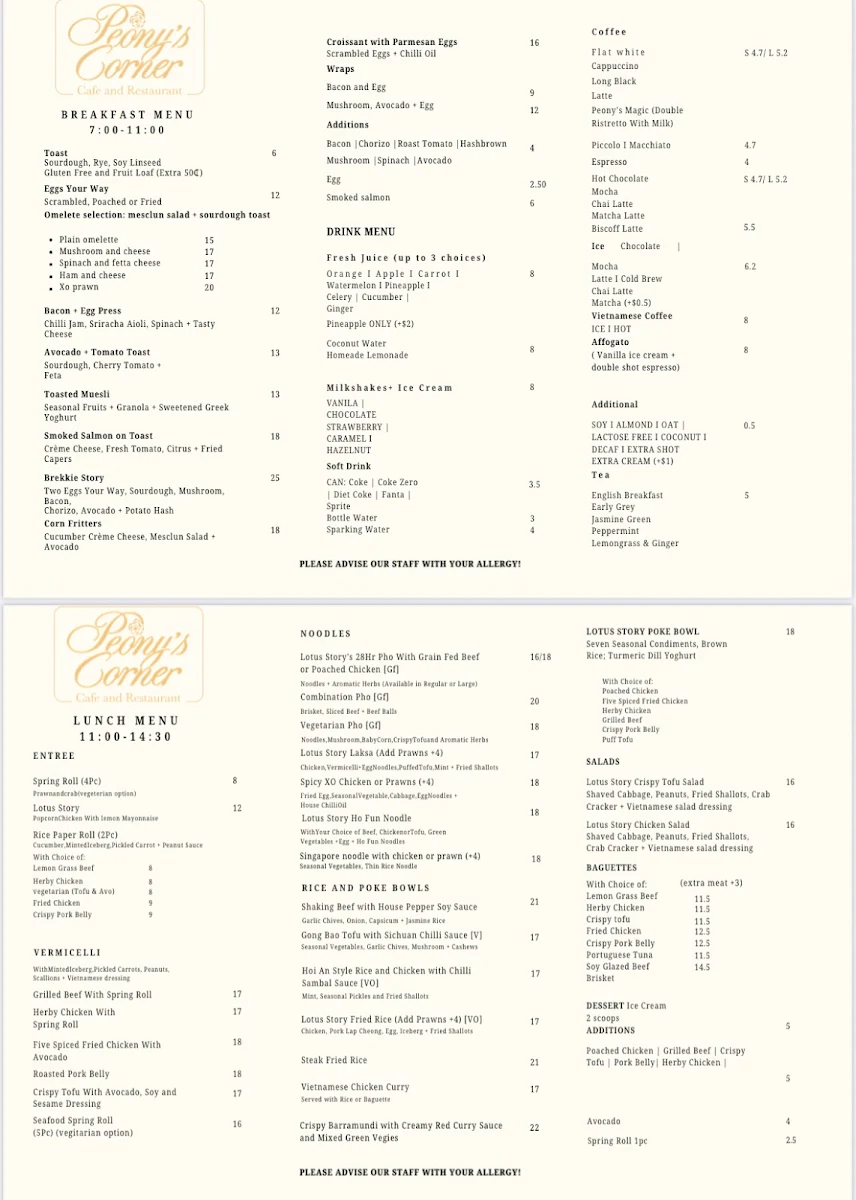 Menu, Peony’s Corner