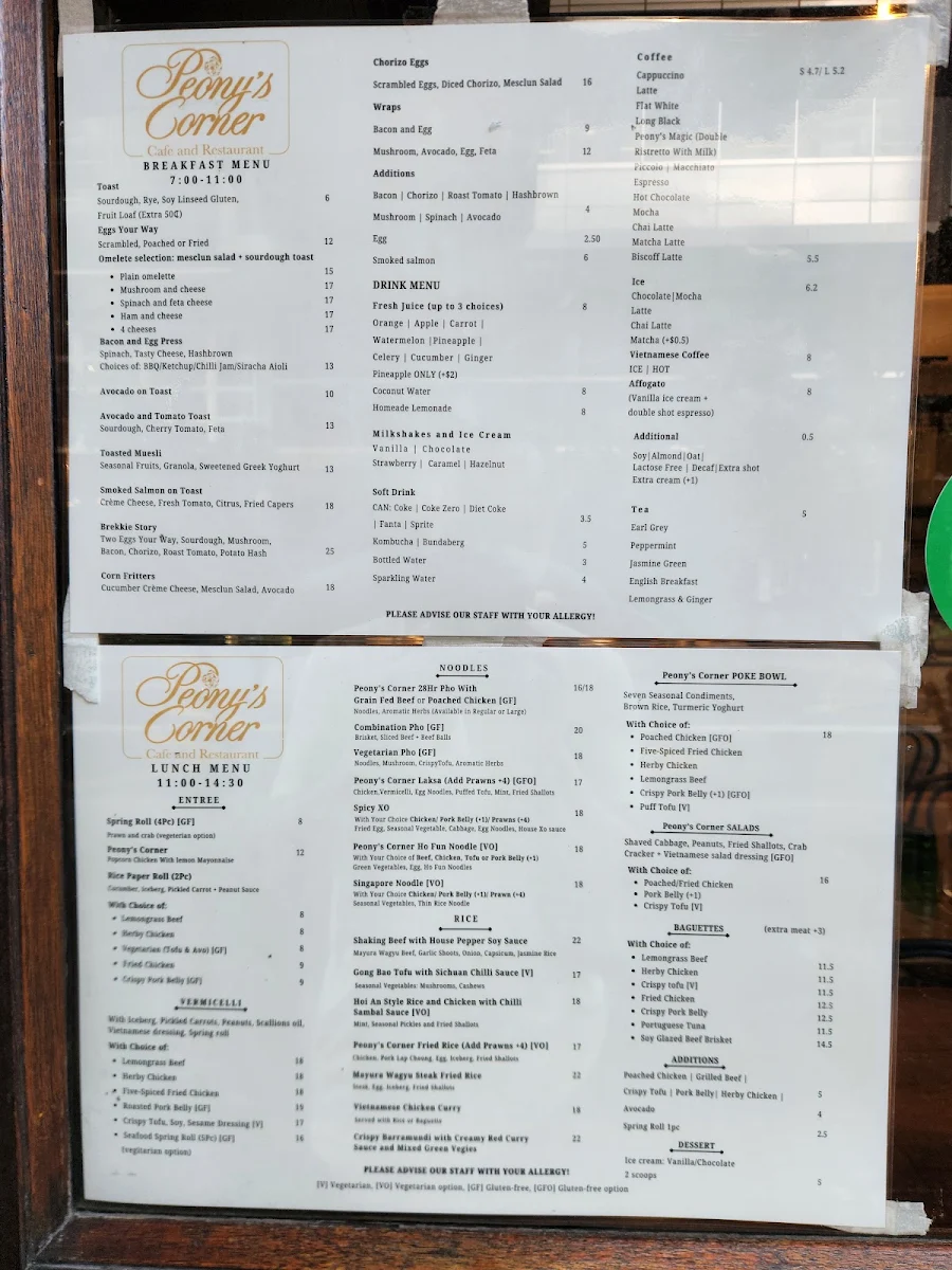 Menu, Peony’s Corner
