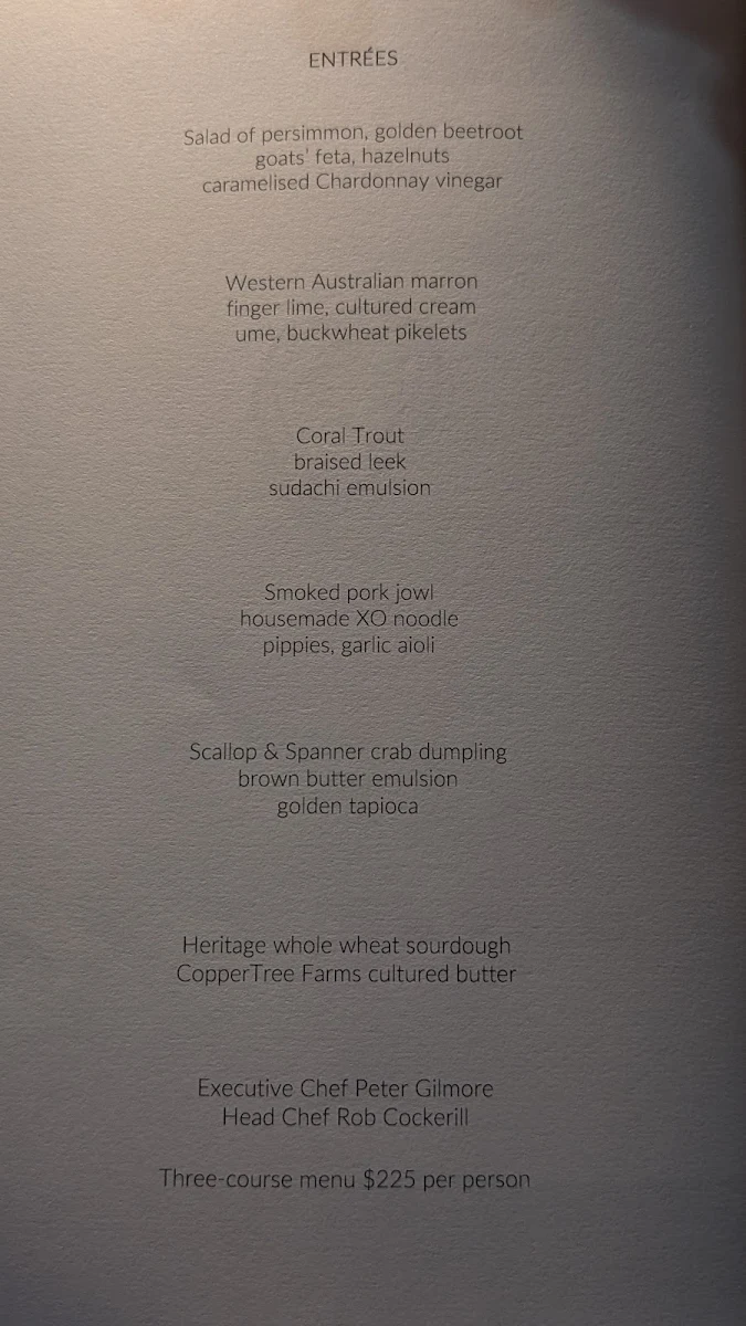 Menu, Bennelong