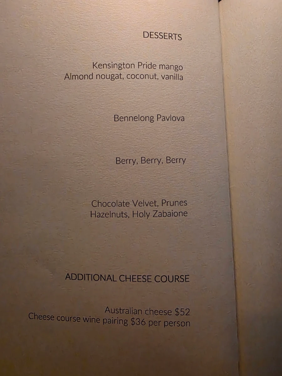 Menu, Bennelong