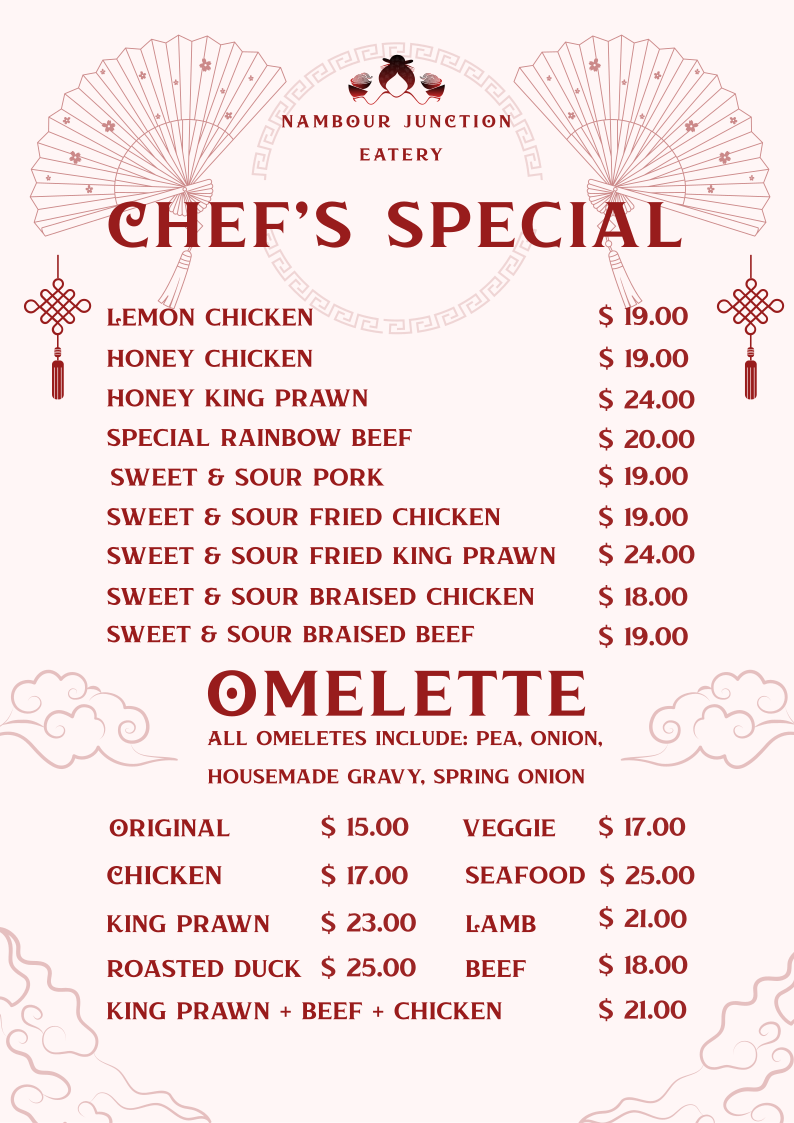 Menu, Nambour Junction Eatery (Chinese Take-Away)