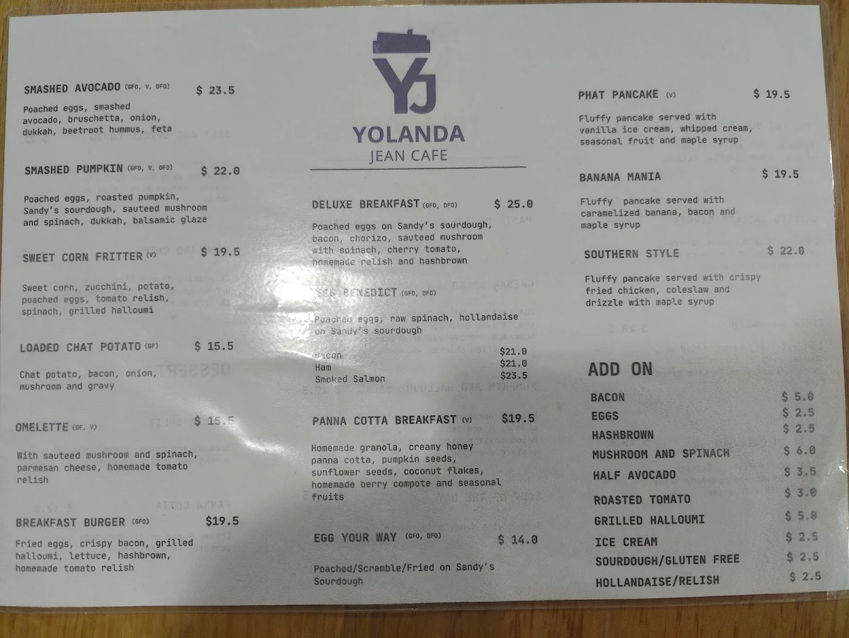 Menu, Yolanda Jean cafe
