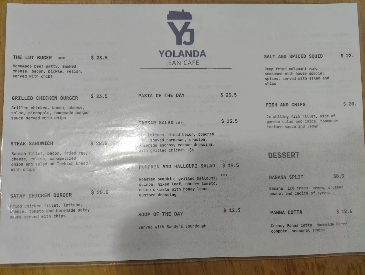 Menu, Yolanda Jean cafe