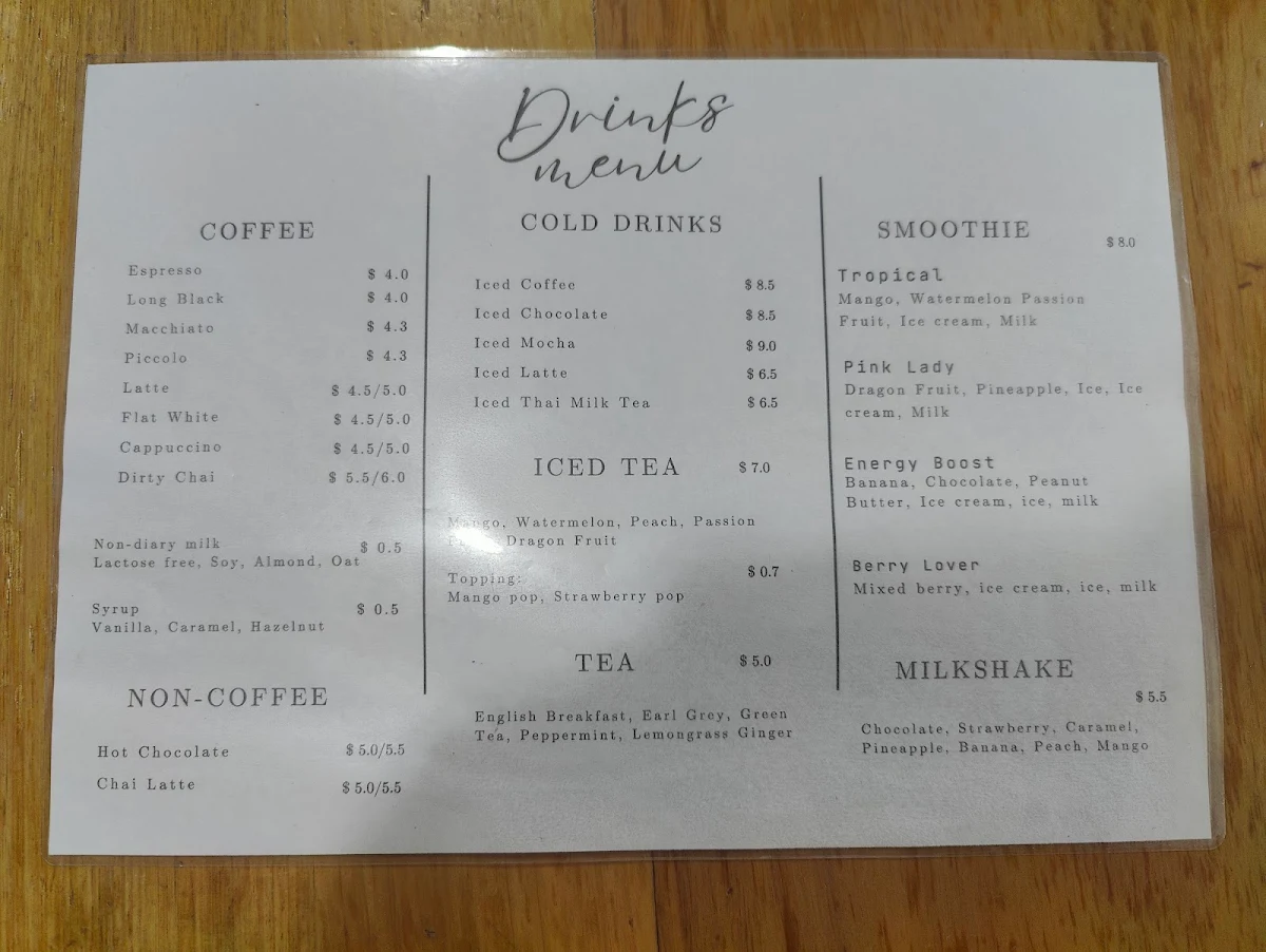 Menu, Yolanda Jean cafe