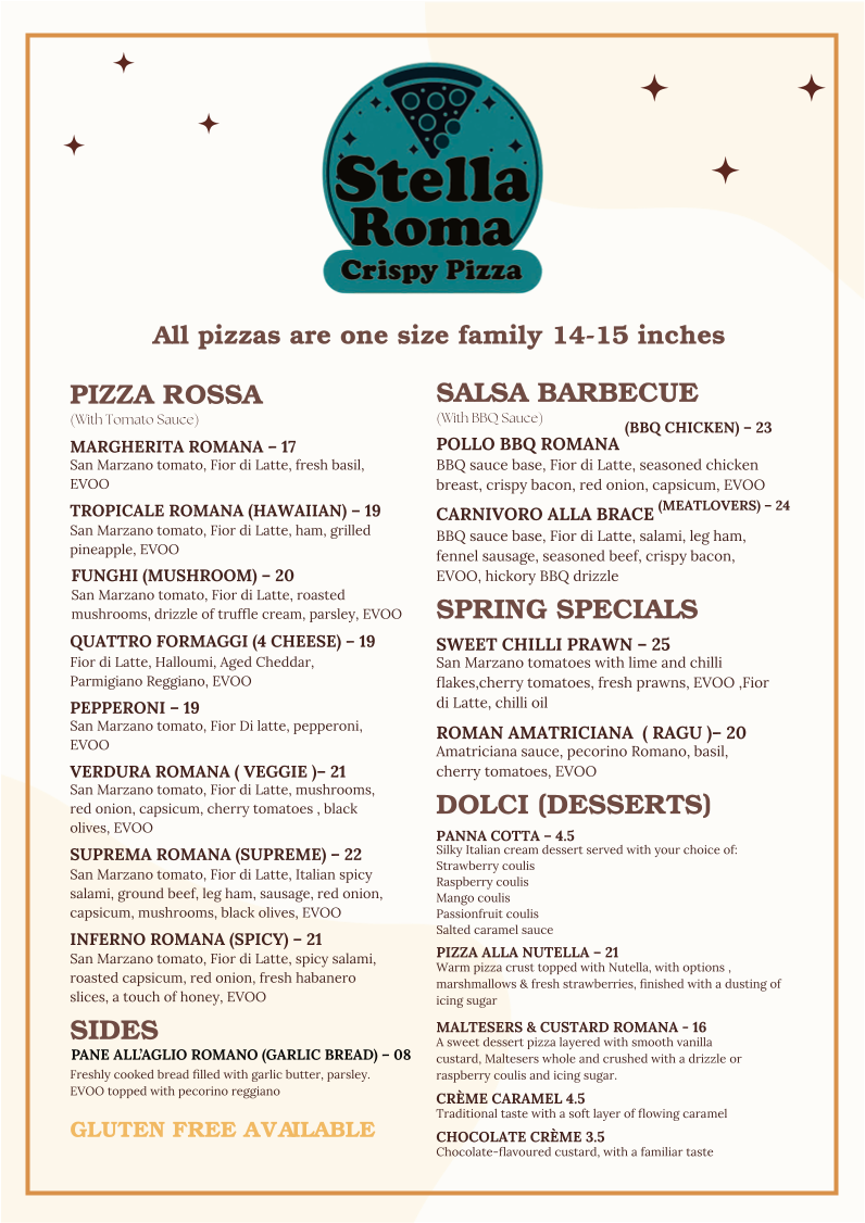 Menu, Stella Roma Pizza