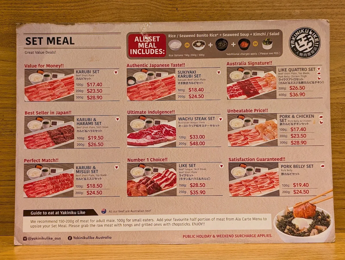 Menu, Yakiniku Like Melbourne