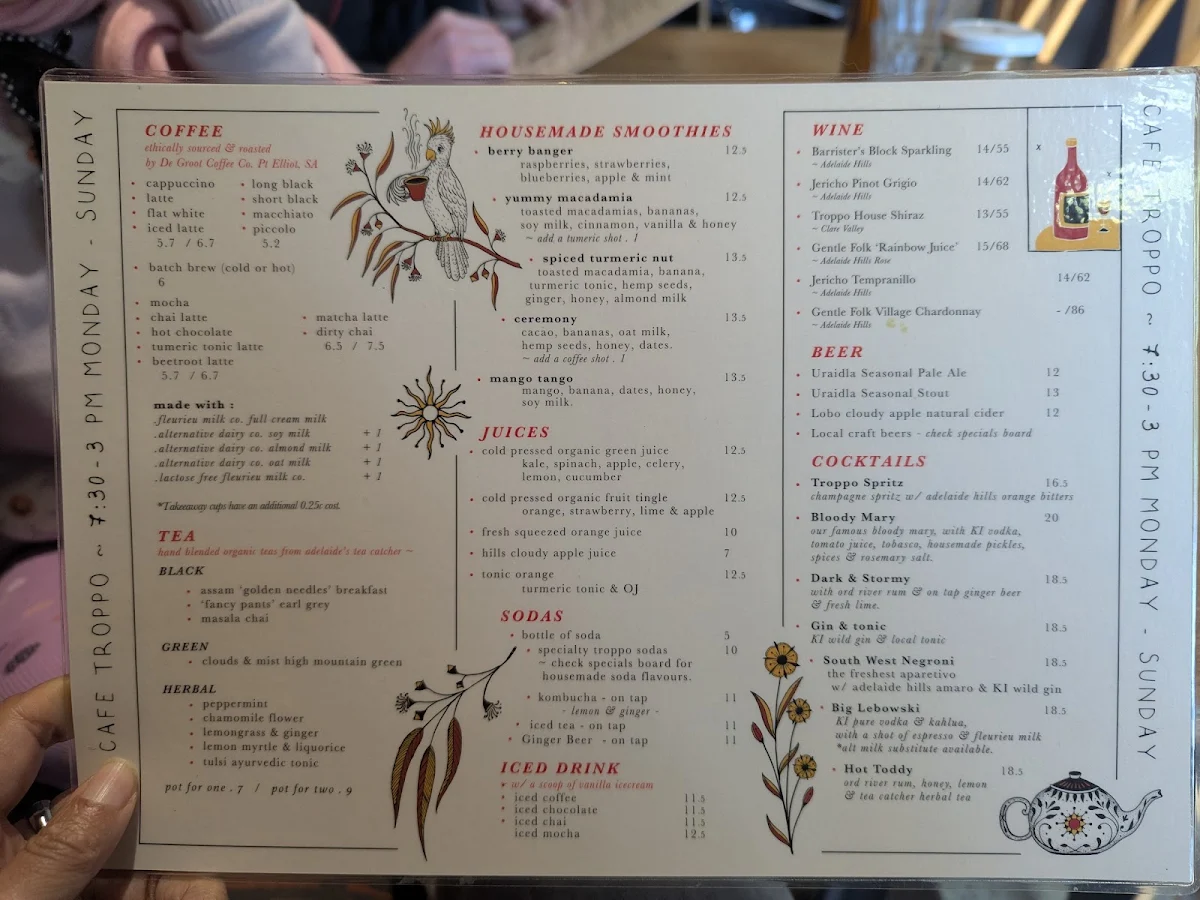Menu, Café Troppo