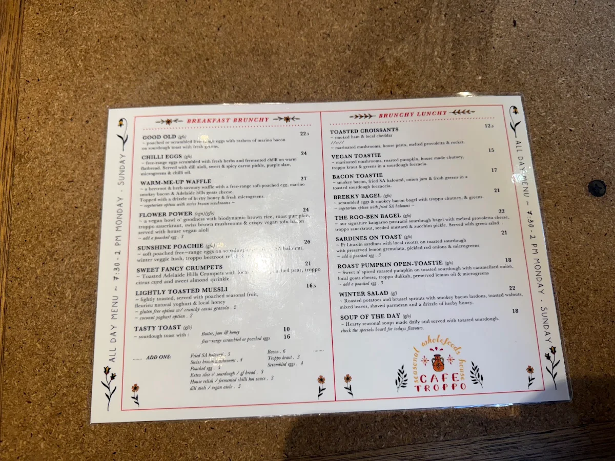 Menu, Café Troppo