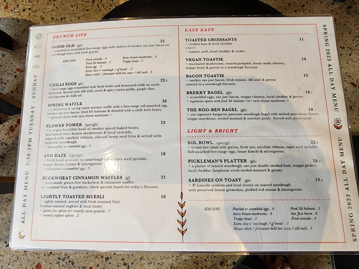 Menu, Café Troppo