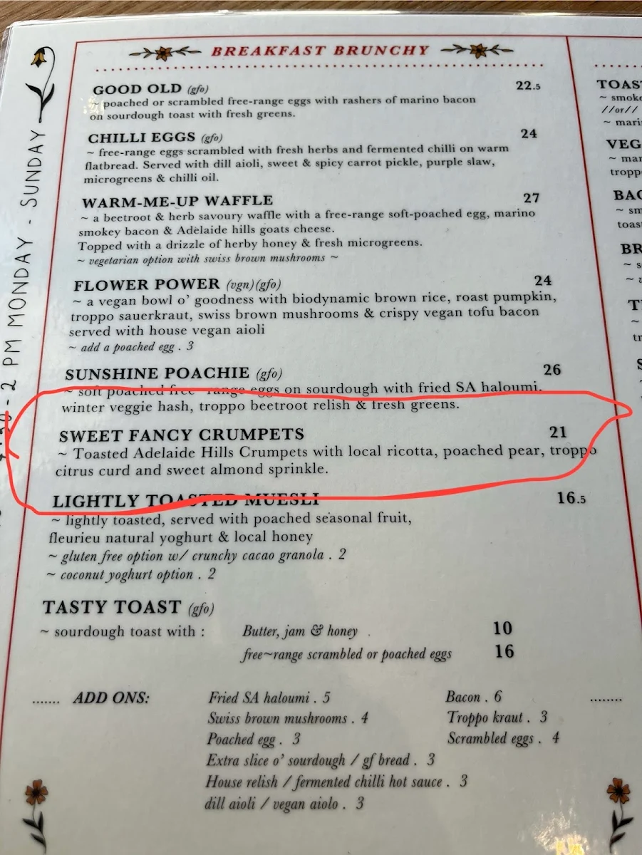 Menu, Café Troppo
