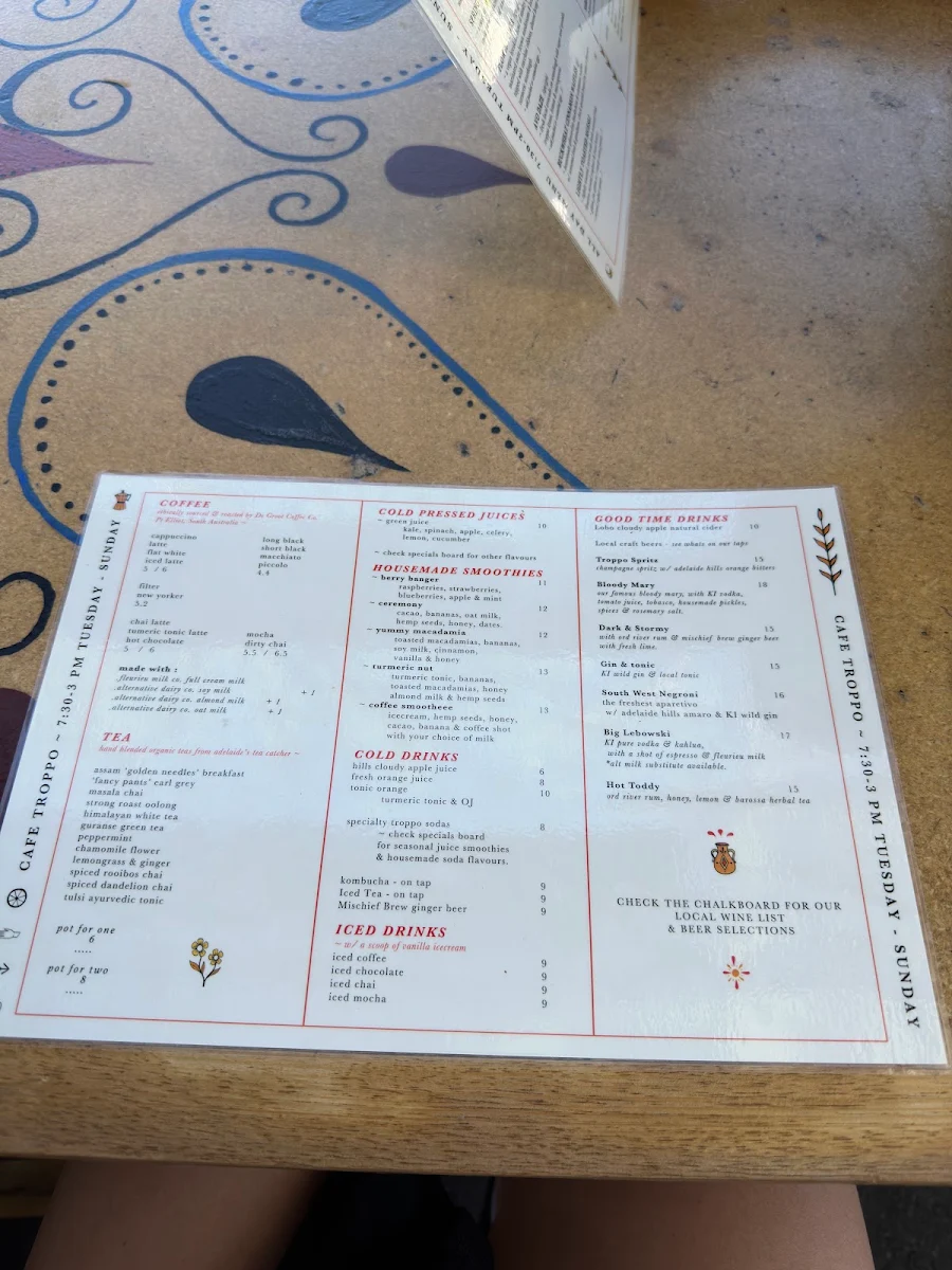 Menu, Café Troppo