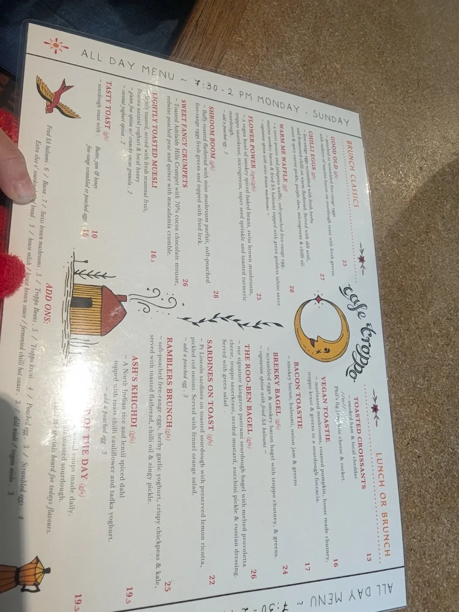Menu, Café Troppo