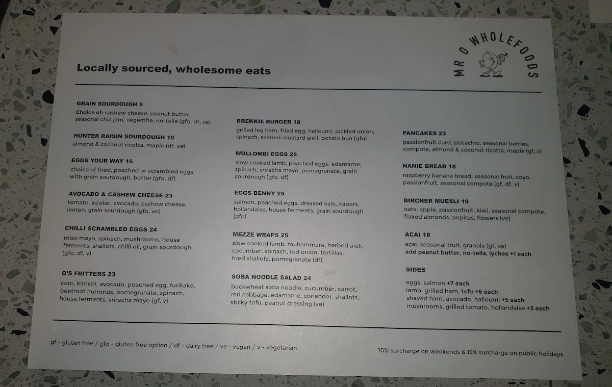 Menu, Mr O Wholefoods