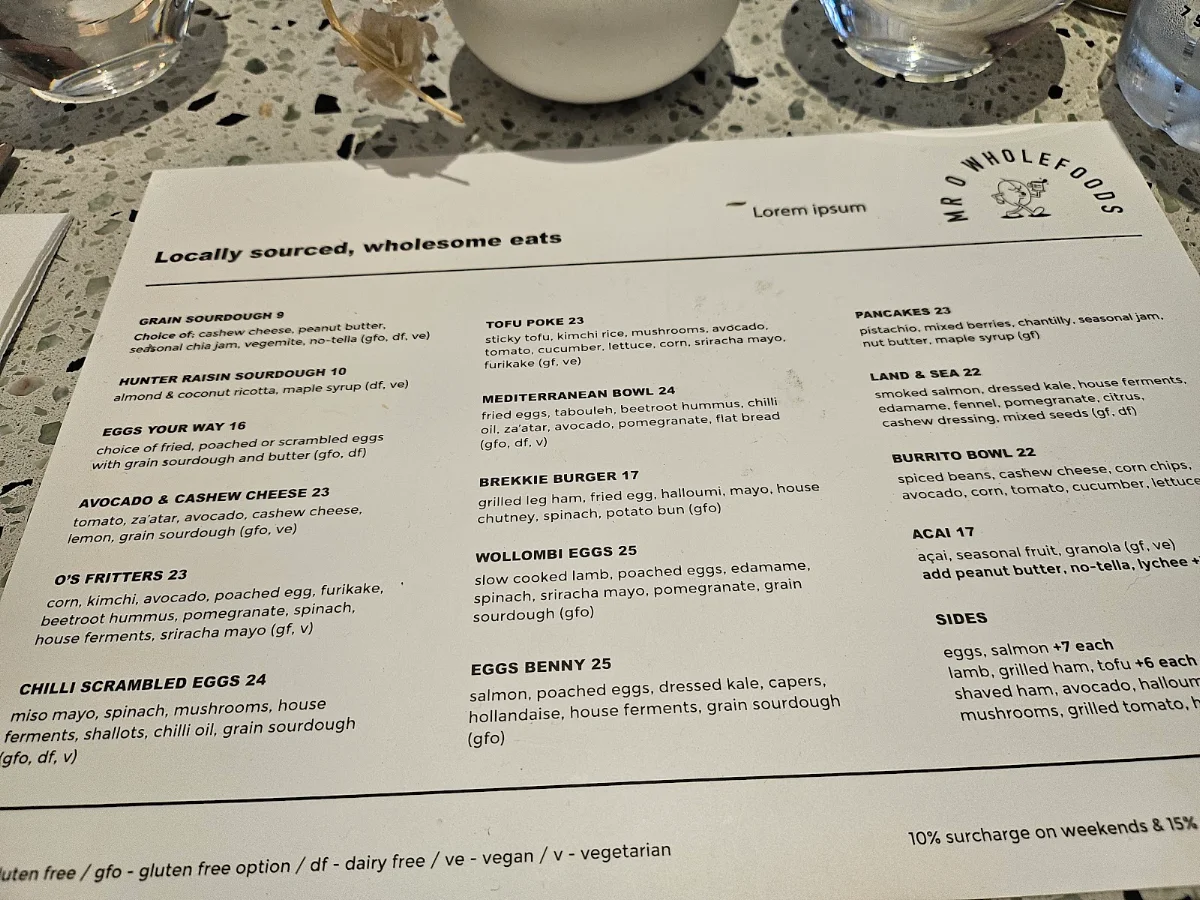 Menu, Mr O Wholefoods