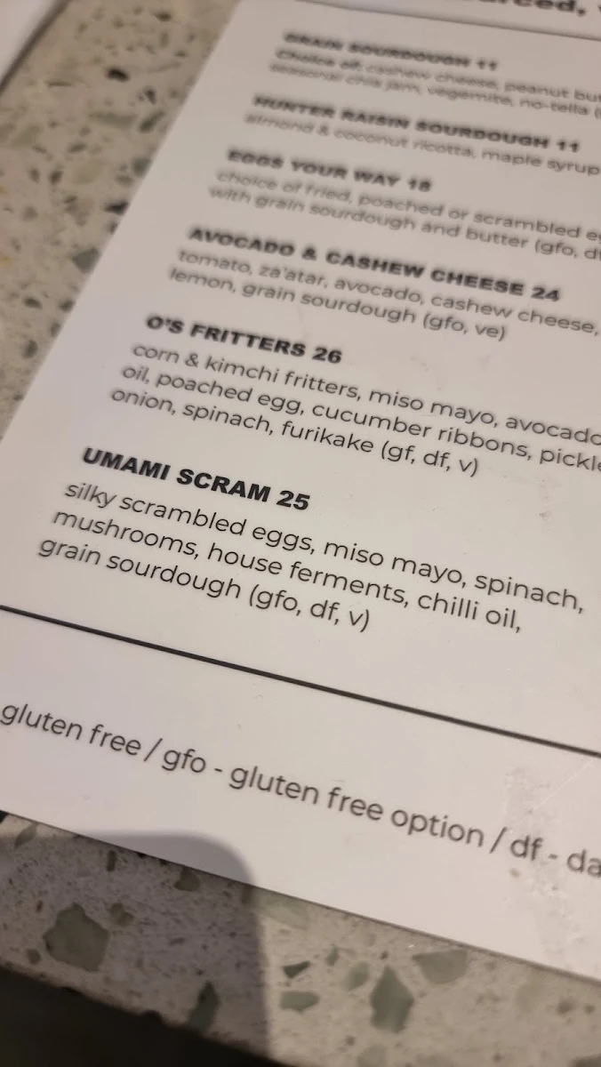 Menu, Mr O Wholefoods