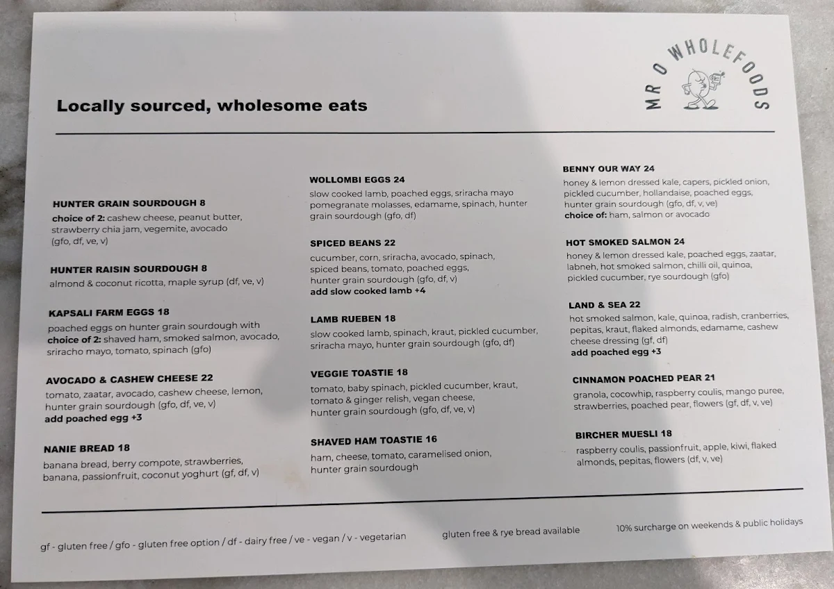 Menu, Mr O Wholefoods