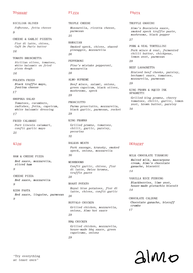 Menu, ALMO Pizza