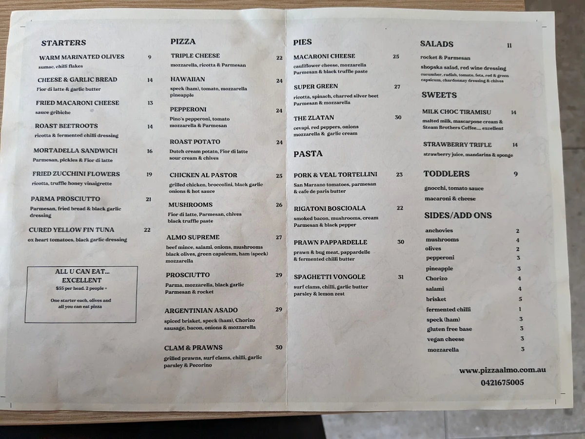 Menu, ALMO Pizza
