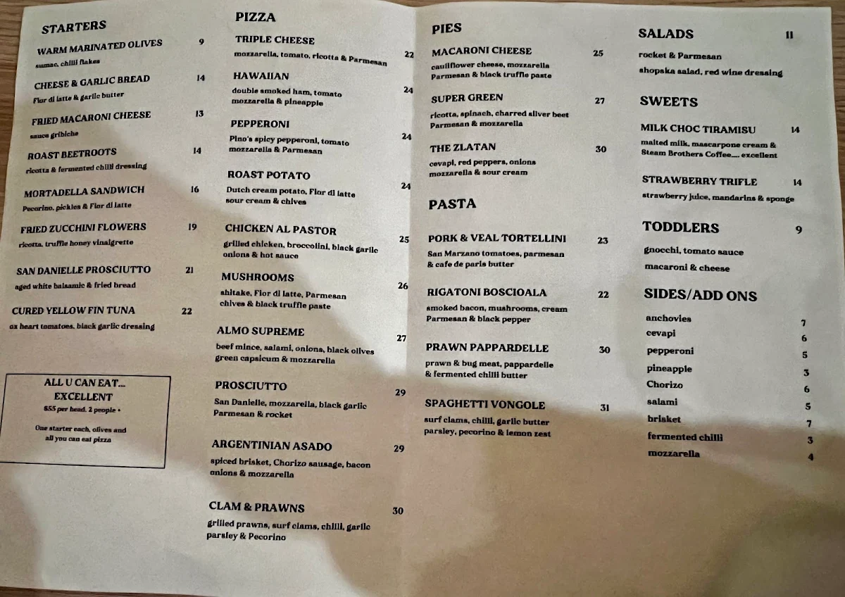 Menu, ALMO Pizza